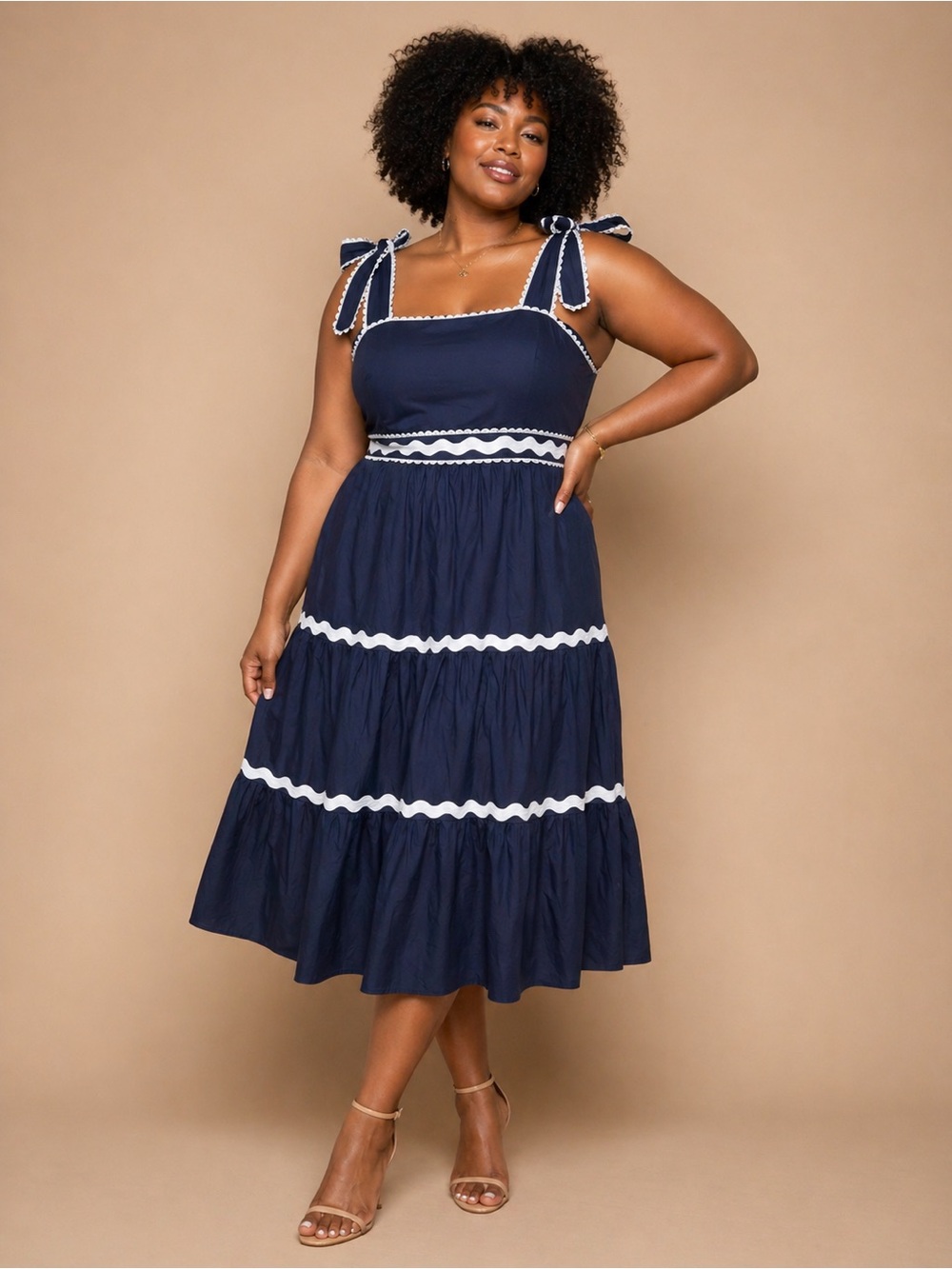 Navy Blue Tie-Shoulder Midi Dress with White Trim